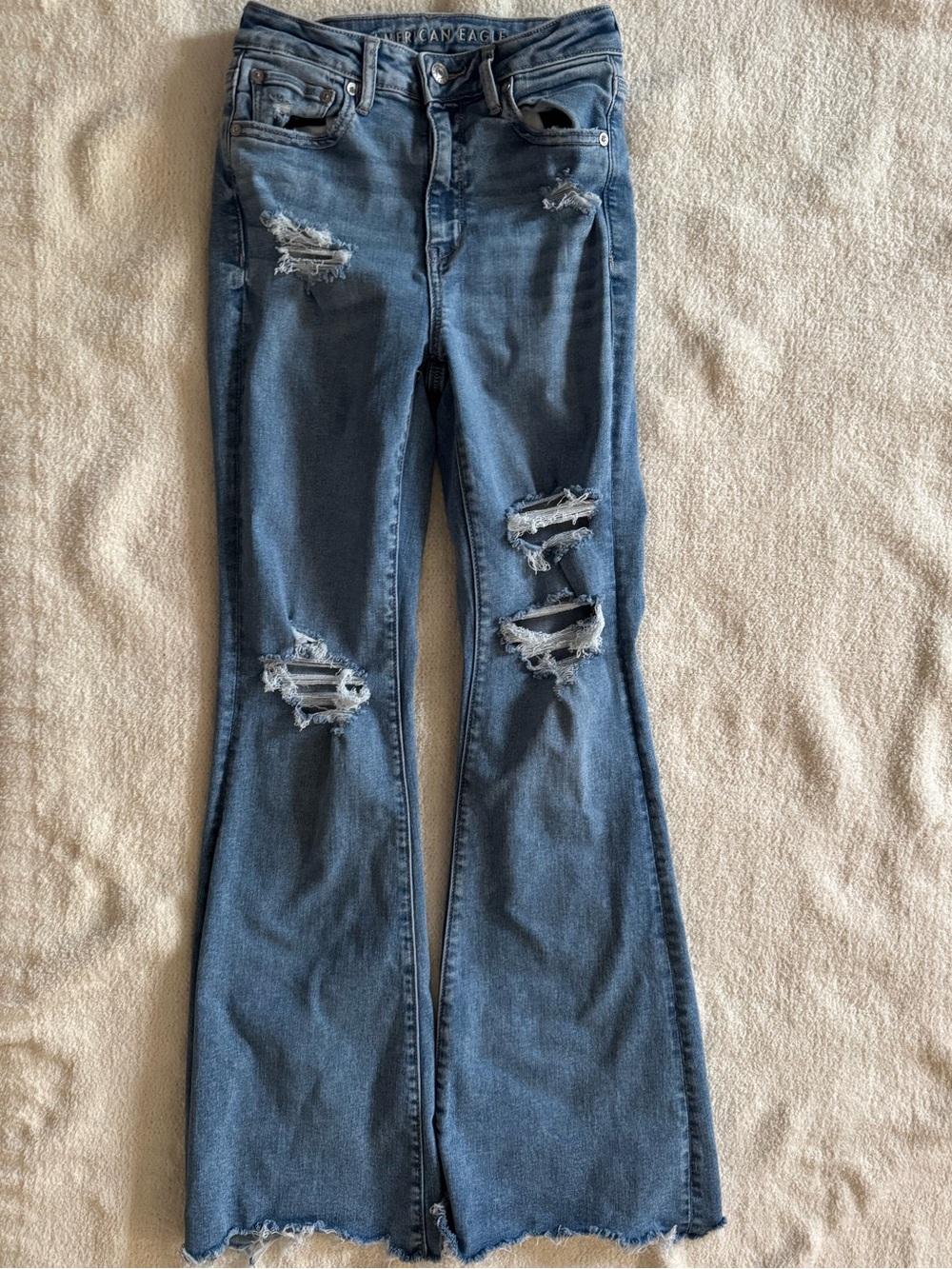 American Eagle Outfitters Distressed Flare Jeans - Blue Wash